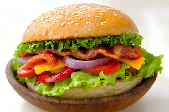 Juicy Bacon Cheeseburger with Lettuce and Vegetables