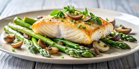 Close up of fried cod fish filet with green asparagus and mushrooms on a white plate, food, meal, seafood, gourmet, delicious