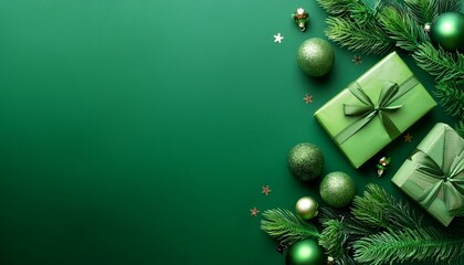 green christmas banner with copy space christmas decoration with presents on green background