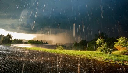 Heavy rain during summer storm.
