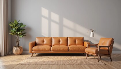 Modern living room with leather sofa bright interior furniture design minimalist style natural light