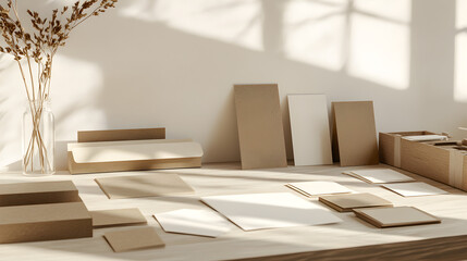 of eco-friendly recycled paper products like kraft paper, gift wrap, and labels, arranged on a clean white background for a minimalist look 
