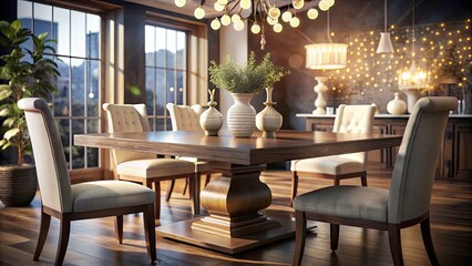 Fototapeta premium Double Exposure Dining Room: Dark Wood & White Pedestal Table, Surreal Interior Design Photography