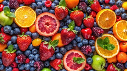Obraz premium A colorful collection of fresh fruits and berries including strawberries, blueberries, raspberries, and oranges, healthy