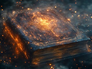 Magical spellbook with radiant glowing particles escaping its pages