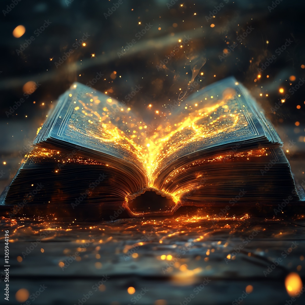 Poster open magical book with shimmering particles swirling above it