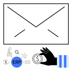 Envelope icon, ERP workflow symbols, currency coin in a hand, and business process elements. Ideal for finance, automation, notifications, integration economy operations efficiency. Flat simple