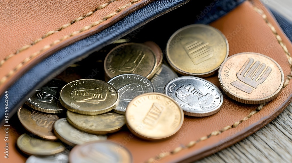 Poster a close up image of a few scattered coins in an almost empty wallet showcasing the concept of financ