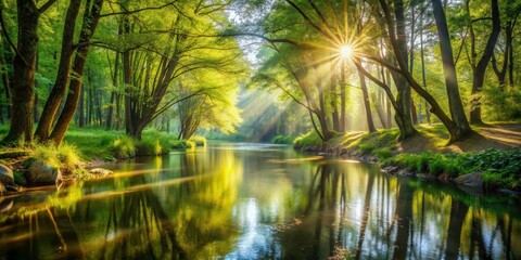 Obraz premium Sunlight streaming through trees and reflecting on a tranquil stream, nature, sunlight, trees, reflection, stream, peaceful