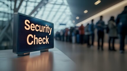 Fototapeta premium A photo depicting an angle of a glowing Security Check sign with a queue of blurred passengers in the background of a bustling airport terminal