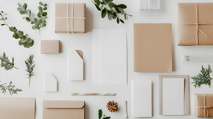 lay of various recycled paper products including greeting cards, wrapping paper, and recycled cardboard boxes, arranged neatly on a clean, white background 