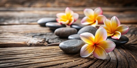 Spa stones with frangipani flowers on a wooden surface ,  spa, stones, frangipani, flowers, relaxation, wellness, aromatic
