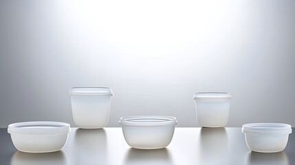 A still life photography of a plant based PLA plastic container with a smooth frosted texture that reflects soft neutral lighting