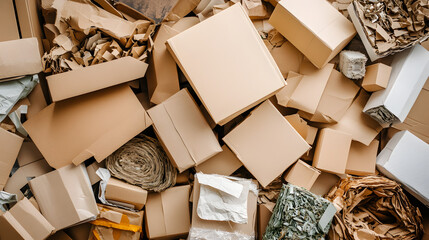 of recycled paper packaging materials like boxes and wrapping paper, highlighting the eco-friendly alternatives for shipping and packaging 