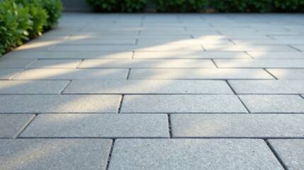 Fototapeta premium Serene Paving Stones A Pathway Bathed in Gentle Sunlight, Presenting a Textured Surface with Subtle Shadows and Lush Greenery in the Background