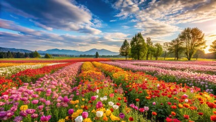 Lush flower field in full bloom during spring, flowers, blossoms, colorful, vibrant, meadow, nature, sunny day, seasonal