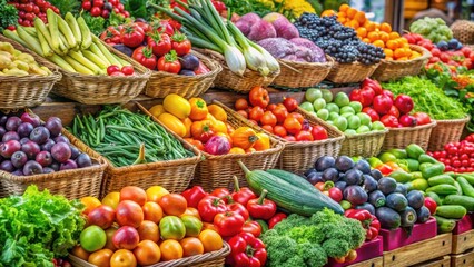 Fresh selection of colorful fruits and vegetables on display at a local farmer's market, healthy, organic, variety, market