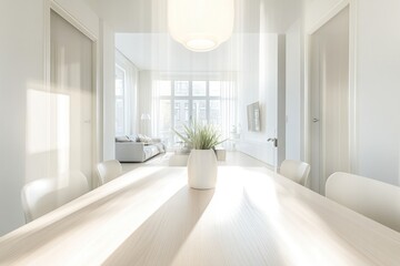 Fototapeta premium Bright, modern, minimalist dining area with sunlight streaming through large windows. Open concept living space visible beyond. Light, airy, and spacious.