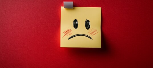 Yellow sticky note with drawn sad unhappy emoji face on red background,

