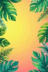 Fototapeta premium Vibrant Tropical Foliage Frame on Warm Yellow and Coral Gradient Background, Ideal for Summer Designs and Promotions