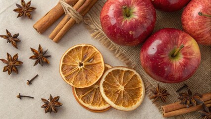 Fototapeta premium Centrepiece table herbs. A stunning autumn-inspired centerpiece table setup with herbs and red apples for DIY decoration. DIY Decoration Idea.