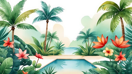 Naklejka premium Tropical Poolside Watercolor Illustration with Palm Trees and Exotic Flowers