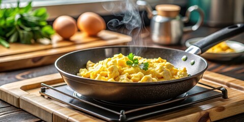 Scrambled eggs cooking in a sizzling pan on a gas stove for a delicious morning breakfast ,  scrambled eggs