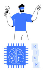 Person with VR goggles holding a lightbulb, circuitry brainchip design, and stacked RISK blocks. Ideal for AI, technology, innovation, creativity, problem-solving, risk analysis abstract line flat