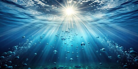 Underwater scene with bubbles rising to the surface and sun rays shining through the water, bubbles