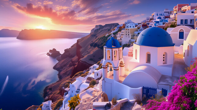 サントリーニの青いドームが映える風景