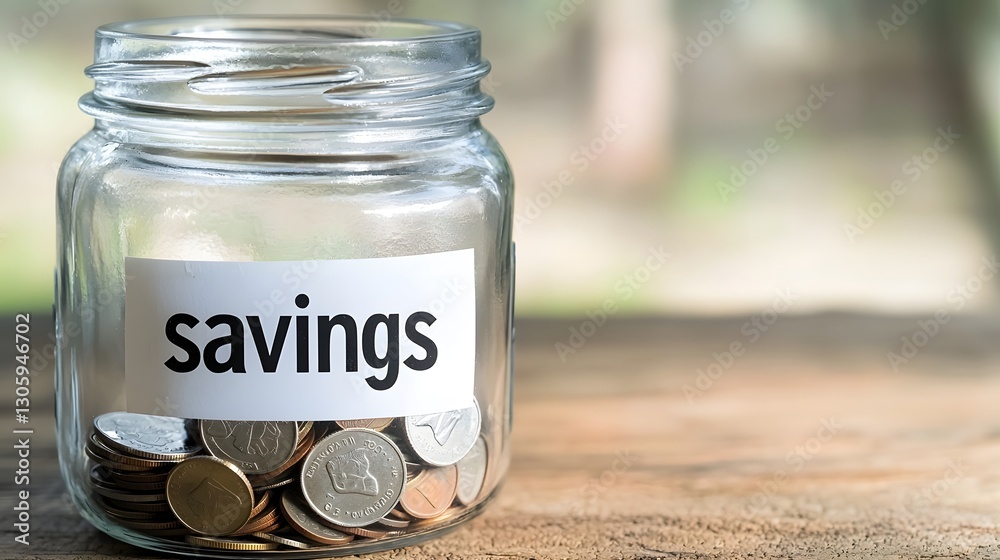 Poster Close up of an empty glass jar labeled  savings  with only a few coins at the bottom representing the concept of financial planning budgeting and growing personal wealth over time
