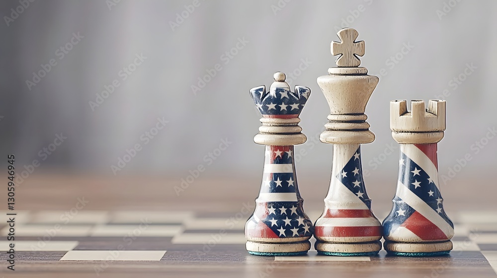 Aufkleber Close up of two chess kings one in the pattern of the American flag and the other in the pattern of the Russian flag standing side by side on a chessboard