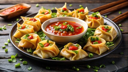 Delicious vegetable wontons served with sweet chilli dip sauce, Chinese, takeaway, finger food, vegetarian, appetizer, dumplings