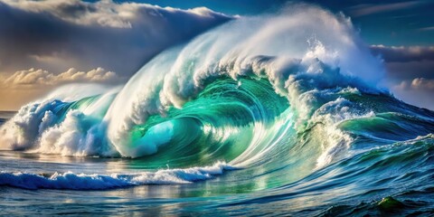A powerful ocean wave crashing against the shore, creating a beautiful display of sea water spraying in all directions ,  sea