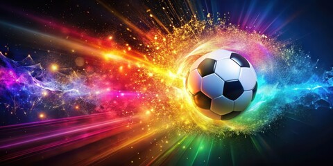 Fototapeta premium A soccer ball explodes in a burst of vibrant colors as sparkling particles radiate outward from its core, leaving a trail of mesmerizing hues behind , kinetic energy, sparkles