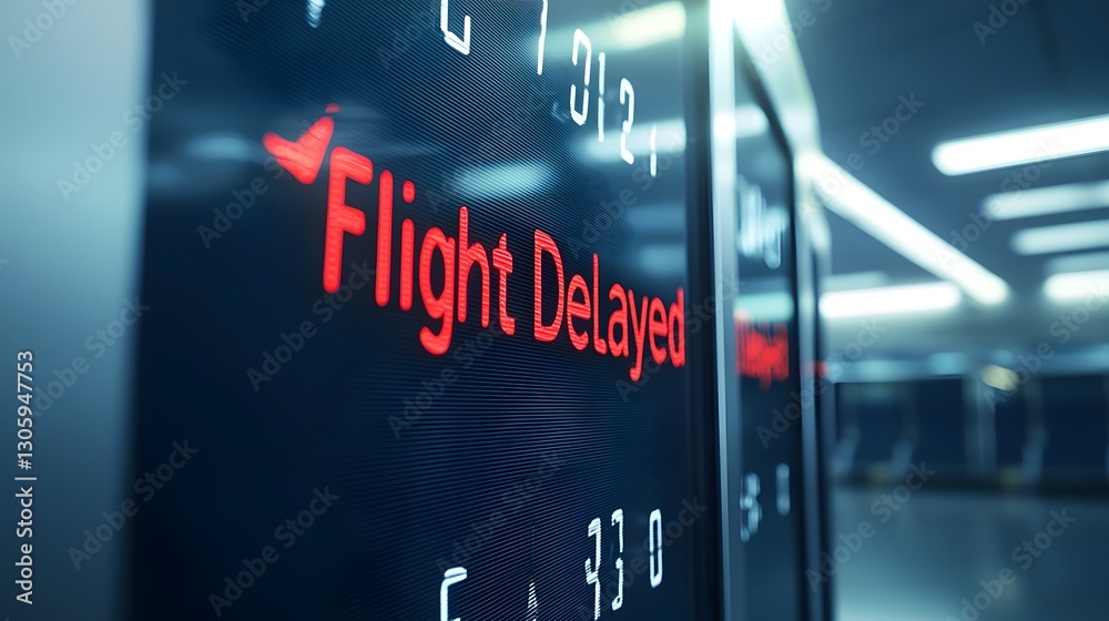 Aufkleber close up shot of a bold red Flight Delayed alert displayed on an electronic airport information board or status display  The alert text stands out prominently against the dark background