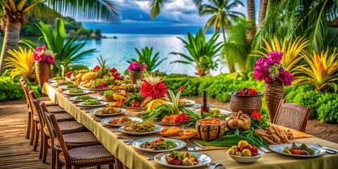 Obraz premium Exotic South Pacific banquet with vibrant tropical decor and delicious island dishes , South Pacific, banquet, exotic