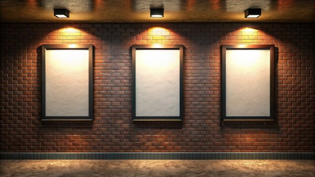 Three blank movie posters on a darkened theater wall , empty, cinema
