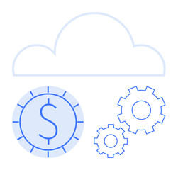 Cloud over coin with dollar sign and connected gears symbolizing fintech, cloud services, automation, data storage, cost optimization, integration, and digital transformation. Ideal for flat simple