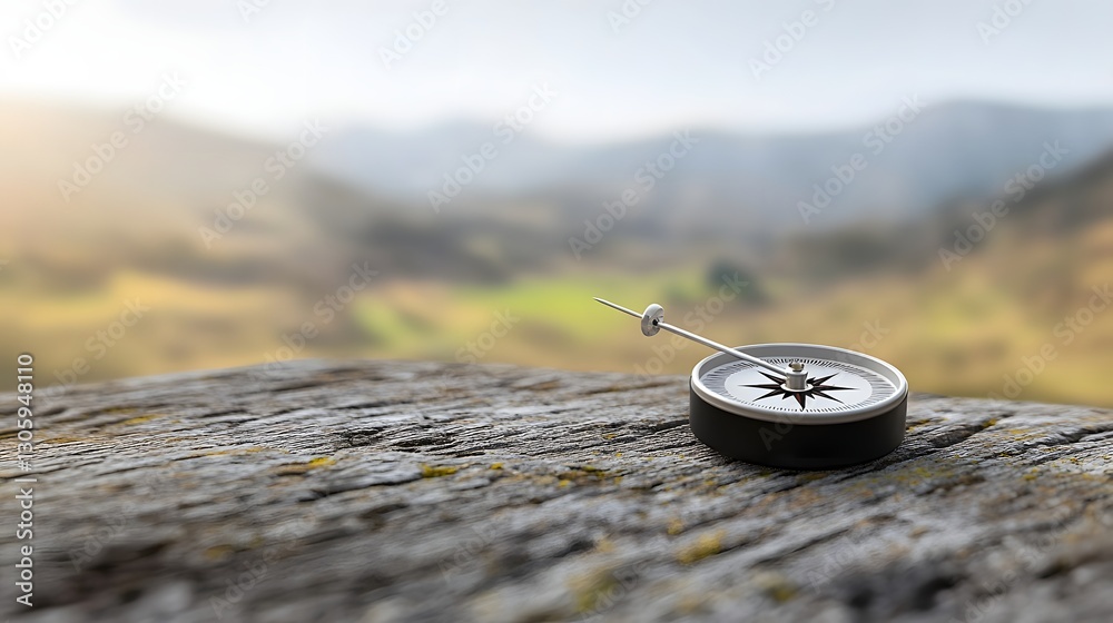 Poster close up view of a magnetic compass needle aligning with earth s magnetic field resting on a weather