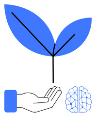 Plant with vibrant leaves above open hand and digital brain representing balance of nature, human nurturing, and technology. Ideal for sustainability, innovation, AI, care, growth, technology