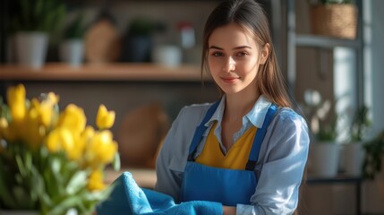Housewife doing house cleaning during spring cleaning.