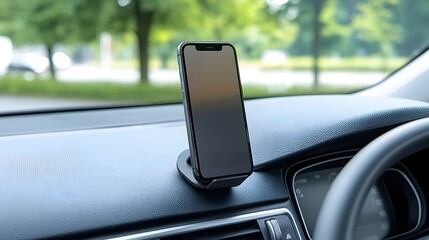 Close up view of a magnetic phone holder securely mounting a smartphone on the dashboard of a car