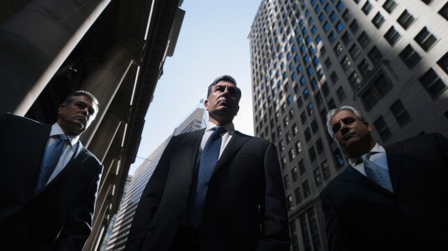 Mysterious Wall Street Advisors in Dark Suits, Intimidating Presence