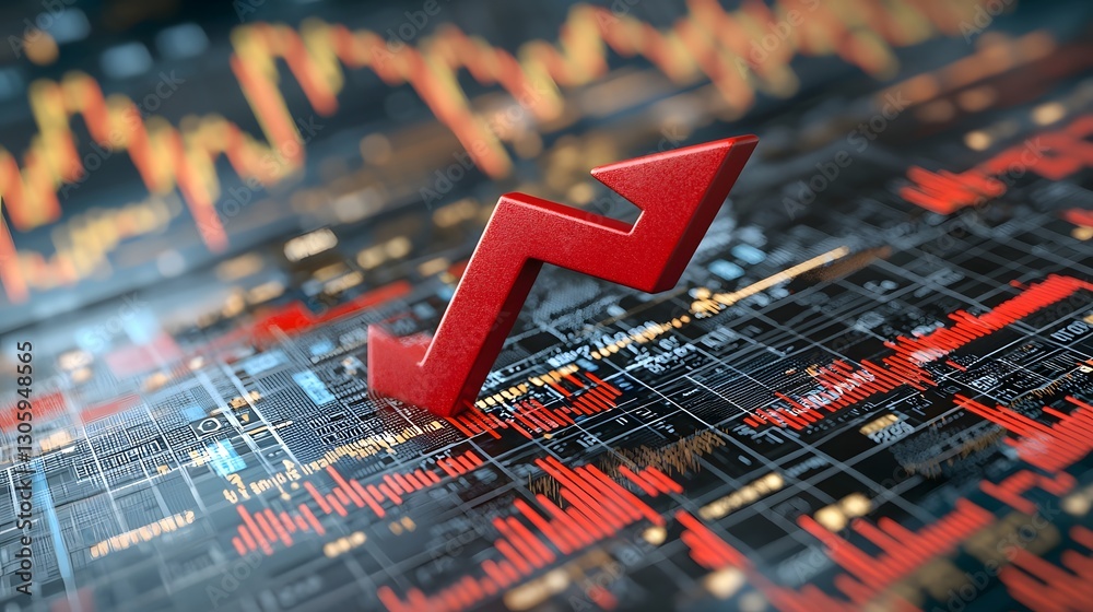 Aufkleber close up view of a prominent red downward arrow pointing down on a detailed financial or market char