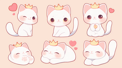 Cute cartoon cats wearing crowns in various playful poses with hearts in a soft pastel background