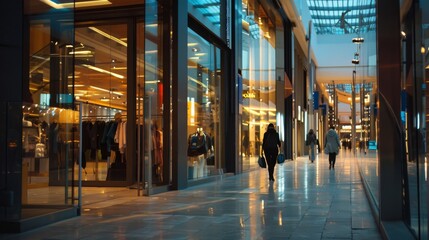 Modern shopping mall with tall glass walls and soft evening lighting, people walking inside