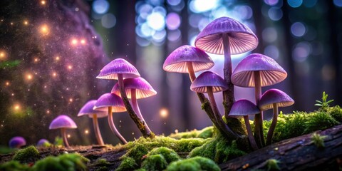 Fototapeta premium Glowing violet mushrooms on dark forest bark with fireflies, nature, forest, mushrooms, violet, glow, fireflies