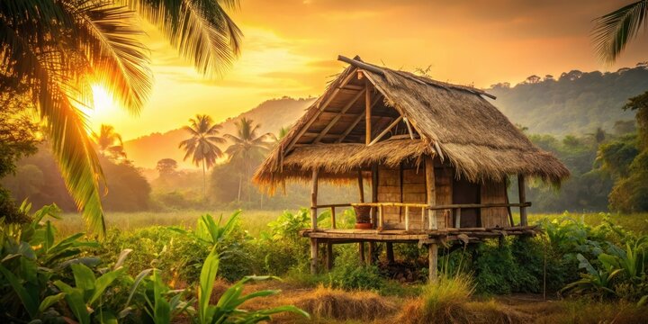 Traditional Southeast Asian nipa hut in a worn wooden frame with overgrown vegetation and vines, set against a warm sepia-toned background , traditional architecture, natural surroundings