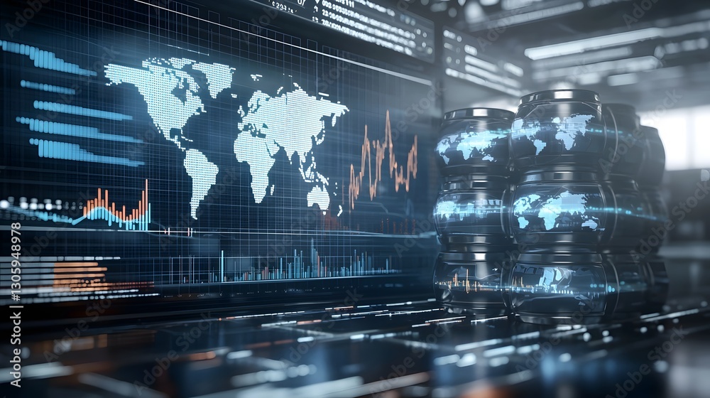 Poster close up view of stacked oil barrels with a world map and fluctuating financial market graphs and ch